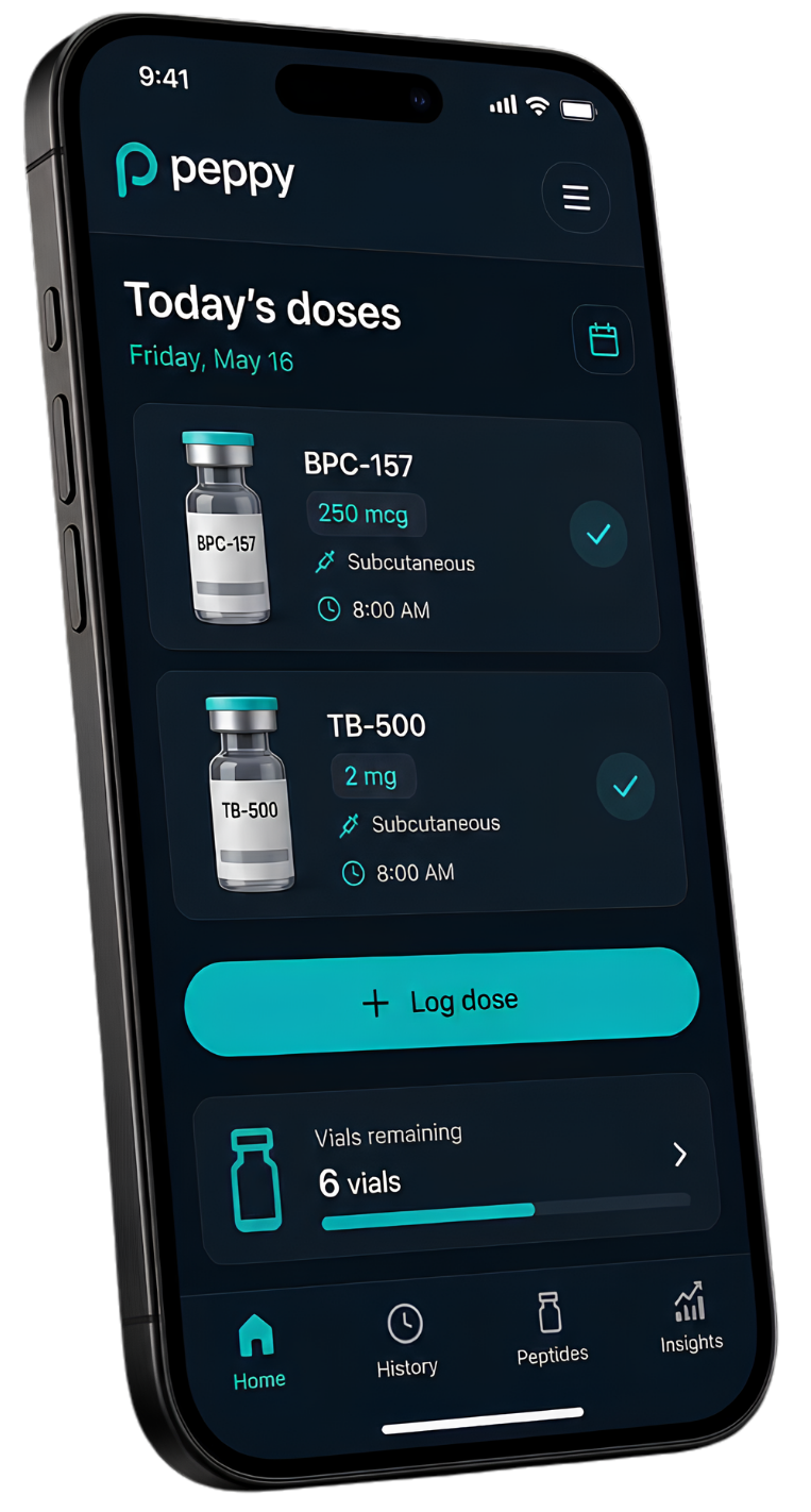 Peptide Streak app running on an iPhone, showing today's peptide doses and a one-tap Log dose button