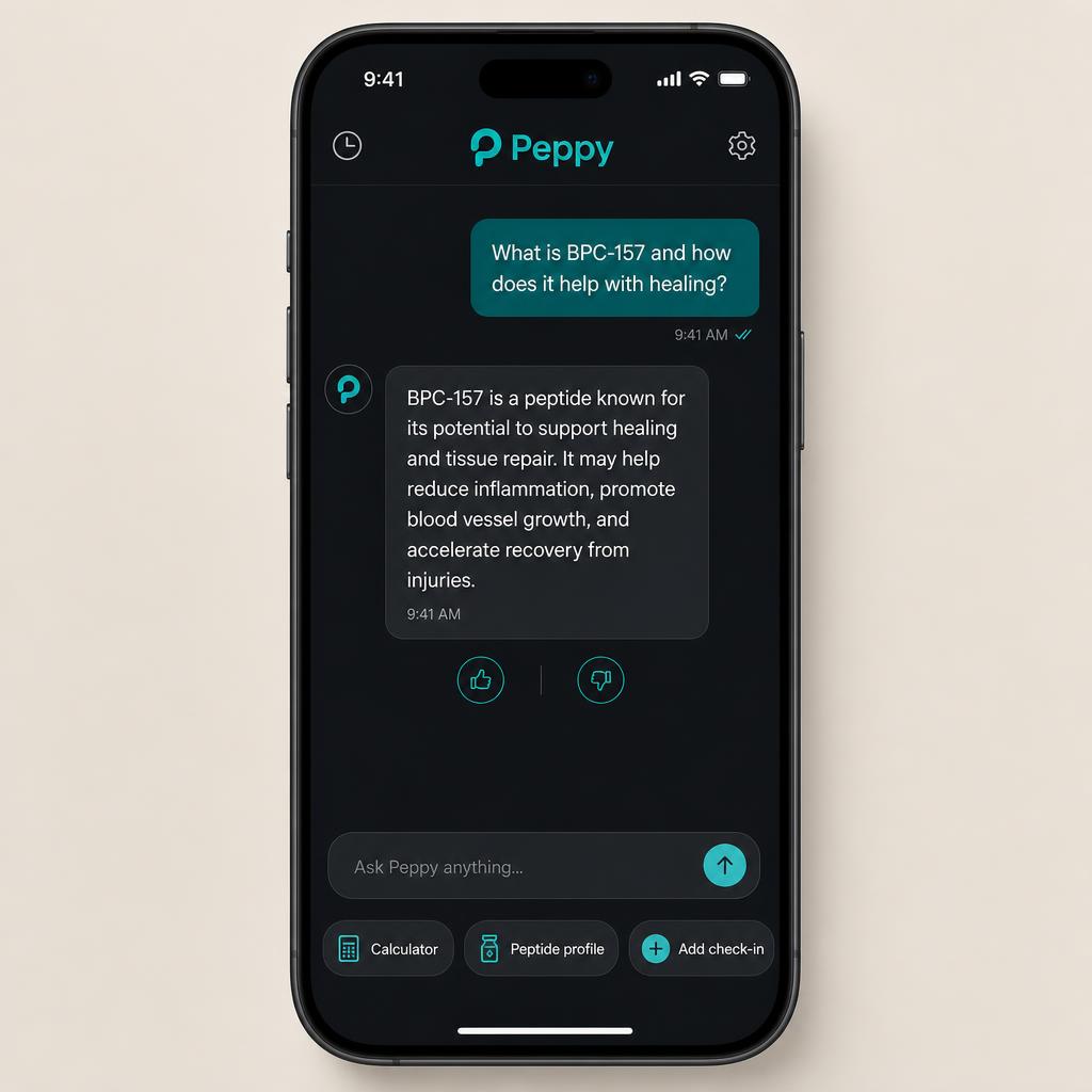 Peppy AI chat assistant running on an iPhone, showing a question about BPC-157 and a cited plain-English answer